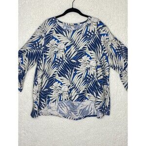 Bryn Walker Top Womens Large Blue Floral All Over Print Linen Pullover Lagenlook